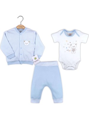 İsmiyle Al Çizgili Bear Hırkalı % 100 Pamuk Erkek Bebek Takım