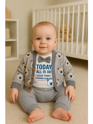 İsmiyle Al Papyonlu Bear Çizgili Model Ceketli 3'lü Erkek Bebek Takımı