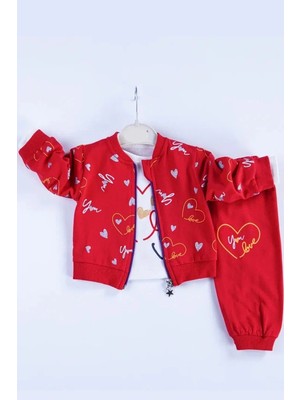 İsmiyle Al Kalp Desenli Hırkalı Pamuklu 3'lü Kız Bebek Takımı