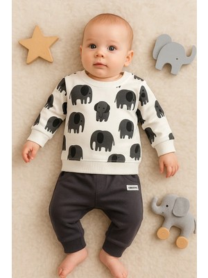 İsmiyle Al Fil Desenli 2'li % 100 Pamuk Erkek Bebek Takımı