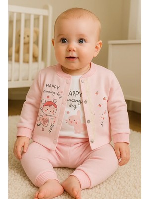 İsmiyle Al Happy Dancing Desenli 3'lü Hırkalı Kız Bebek Takım