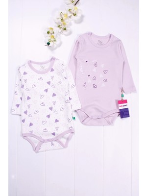 İsmiyle Al Kalp Desenli Uzun Kol 2'li Kız Bebek Body Seti
