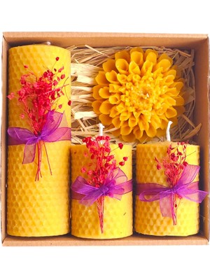 Hepta Collection Dekoratif Doğal Petek Balmumu Mum Büyük Çiçekli Set Bal Mumu Mum Beeswax Candle 4 Lü Set