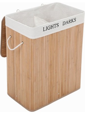 Delixa Bambu Çamaşır Sepeti, 100 L Çamaşır Ayırıcı, 2 Bölmeli, Çıkarılabilir Çamaşır Torbalı Katlanabilir Ç