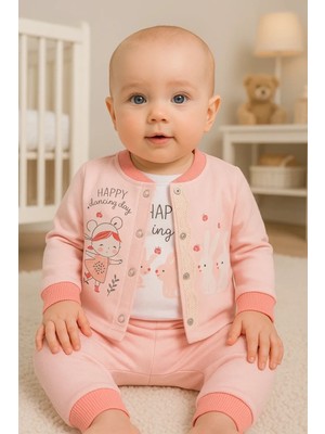 İsmiyle Al Happy Dancing Desenli 3'lü Hırkalı Kız Bebek Takım