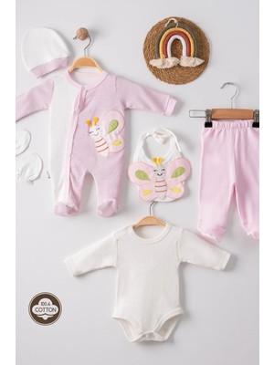 İsmiyle Al Kelebek Nakışlı Puanlı Tulumlu % 100 Pamuk Kız Bebek 5'li Set
