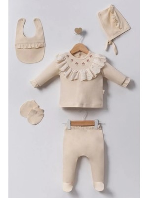 İsmiyle Al Lale Nakışlı Yenidoğan Kız Bebek 5 Parça Hastane Çıkışı Zıbın Seti