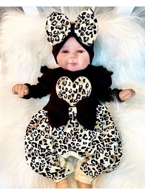 İsmiyle Al Leopar Desenli Fiyonklu % 100 Pamuk Kız Bebek Tulum