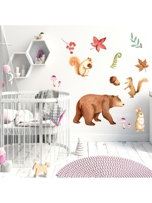 Sticker Sepetim Sulu Boya Duvar Sticker Sevimli Hayvanlar ve Yapraklar Ebatlar 113x50