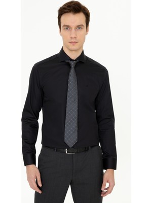Cacharel Erkek Siyah Slim Fit Uzun Kollu Basic Gömlek 50255238-VR046