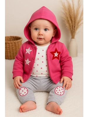 İsmiyle Al Yıldız Nakışlı Kapişonlu Kız Bebek Takımı