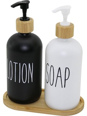 Hepta Collection Aee® 2'li Cam Sıvı Sabunluk ve Losyonluk Seti - Bambu Kapaklı ve Altlıklı - 500ML Siyah & Beyaz Şişe