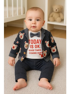 İsmiyle Al Papyonlu Bear Çizgili Model Ceketli 3'lü Erkek Bebek Takımı