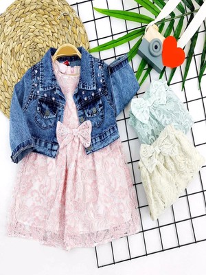 İsmiyle Al 2-3-4-5 Yaş Kot Ceketli Astarlı Güpürlü 2li Kız Çocuk Elbisesi Krem