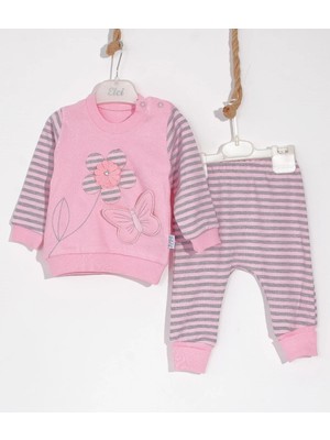 İsmiyle Al Kelebekli Çiçek Nakışlı Pamuklu 2'li Kız Bebek Takımı