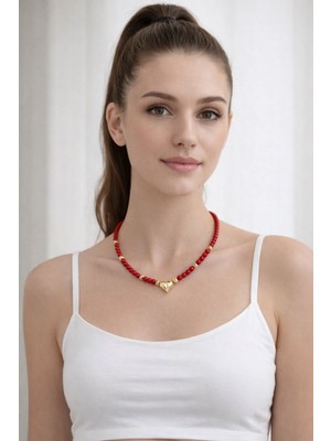 db DİLEK BAŞ TASARIM Kırmızı Mercan Doğal Taşlı Gold Kalp Figürlü Kolye