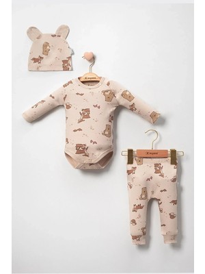 İsmiyle Al Karaca Desenli % 100 Pamuk 3'lü Şapkalı Erkek Bebek Takım