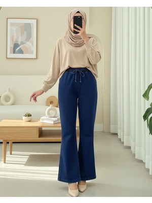 Modamorfo Beli Lastikli Bağcık Detaylı Ispanyol Paça Kot Pantolon -Laci