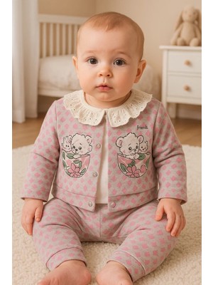 İsmiyle Al Brode Işlemeli Kalp Desenli 3'lü Hırkalı Kız Bebek Takım