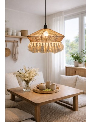 Mammoly El Yapımı Bohem Püsküllü Avize, Modern Rafya Bambu Tarz, Rustik Avize, E27 Duylu, Cafe Aydınlatma