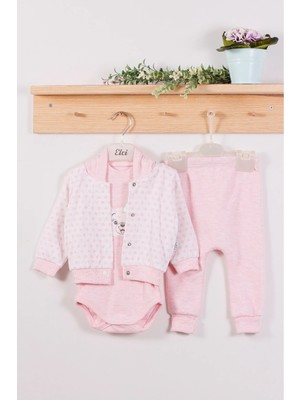 İsmiyle Al Puan Desenli Kapişonlu % 100 Pamuk 3'lü Kız Bebek Takım