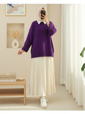 Modamorfo Bisiklet Yaka Eteği Fitilli Salaş Triko Kazak        -Mor