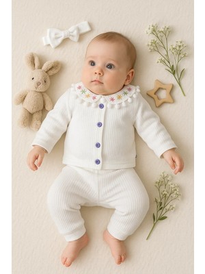 İsmiyle Al Çiçek Nakışlı Düşmeli Bandanalı Kız Bebek Takımı