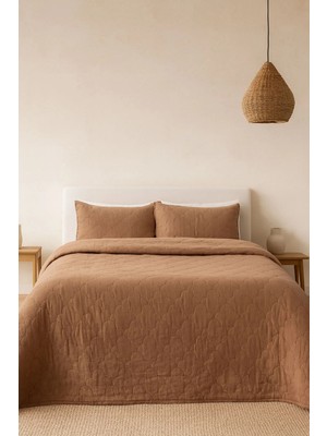 Barine Serenity Keten Kapitoneli Yatak Örtüsü ve Yastık Kılıfı Seti Karamel