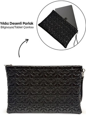 Ecrou Yıldız Desenli Siyah Parlak Bilgisayar Tablet Çantası Çıkarılabilir Bileklik Askılı 39 × 25 cm