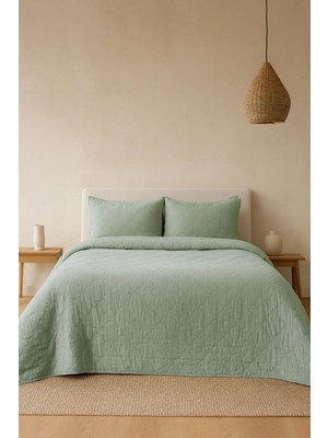 Barine Serenity Keten Kapitoneli Yatak Örtüsü ve Yastık Kılıfı Seti Açık Yeşil