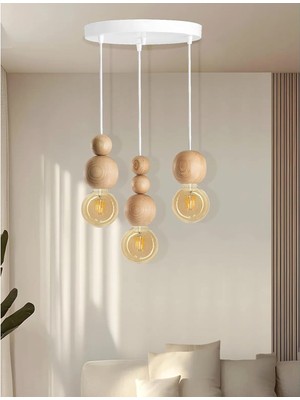 Hype Store Ahşap Detaylı Modern Bohem Rustik Sarkıt Avize Şık ve Doğal Tasarım Salon Oturma Odası (Beyaz-Ahşap)