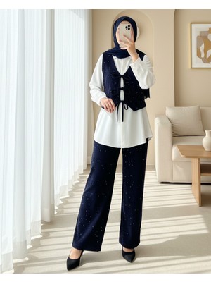 Modamorfo Önü Bağlamalı Yelek Pantolon Kadife Takım  -Laci