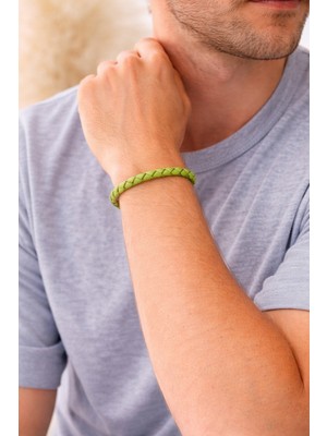 Herşey Nota Neon Lime Örgü Deri Erkek Bileklik – Çelik KILITLI-1366