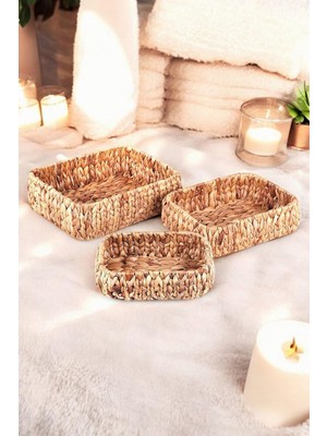 Hype Store Doğal El Yapımı, Kare Bombeli Düzenleyici 3'lü Hasır Sepet - 32CM-28CM-24CM 3 Boy Set