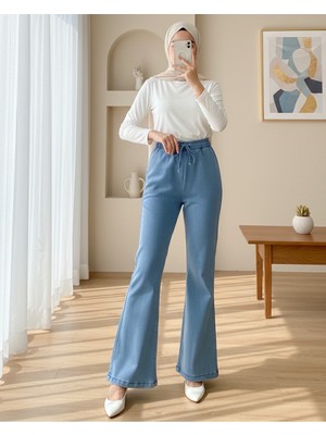 Modamorfo Beli Lastikli Bağcık Detaylı Ispanyol Paça Kot Pantolon -Buz Mavi