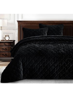 Hepta Collection Chezmoi Collection Lüks Siyah Kadife Yorgan Büyük Boy Kral Seti, 3 Parça Peluş Eskitilmiş Kadife Yat