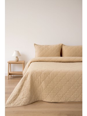 Barine Serenity Keten Kapitoneli Yatak Örtüsü ve Yastık Kılıfı Seti Kum Rengi