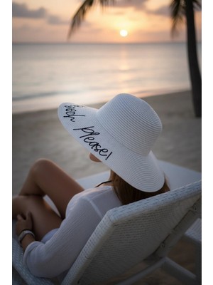 Fashion Cocktail Beach Please Plaj Sahil Lütfen Motto Yazılı Yazlık Tatil Deniz Güneş Geniş Hasır Şapka