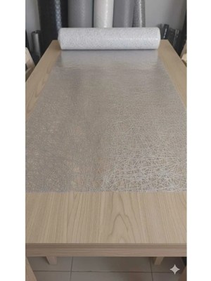 Kadirtarım 140 x 400 cm Silinebilir Lüks Masa Örtüsü Şeffaf Hasır Desen Gri Pvc Masa Örtüsü