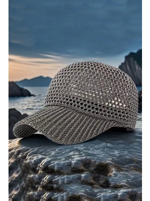 Fashion Cocktail Simli Parıltılı Örgü Ense Ayarlı Kep Siperlik Nefes Alan Yazlık Şapka Vizon