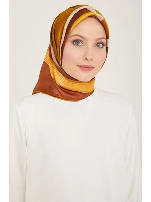 Armine Yağ Yeşil - Kahverengi Geometrik Desen Sura Ipek Eşarp 9122 - 56