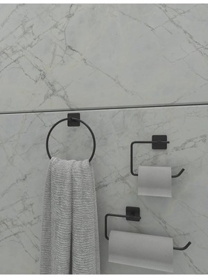 Hype Store Alper Banyo Yapışkanlı Siyah Kare Topuz Havluluk ve Kare Tuvalet Kağıtlık Kare Peçetelik Seti Düzenl