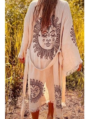 Fashion Cocktail Karakalem Astroloji Güneş Desenli Kemerli Püsküllü Doğal Kumaşlı Bohem Sahil Kimono Kaftan Bej
