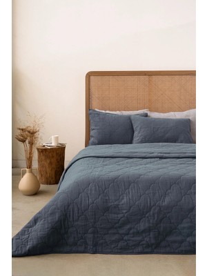 Barine Serenity Keten Kapitoneli Yatak Örtüsü ve Yastık Kılıfı Seti Lacivert