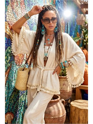 Fashion Cocktail Kalın Denizci Halat Kemerli Ponponlu Geniş Ispanyol Flair Kol Doğal Keten Bohem Kaftan Kimono