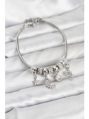 Prativas Pirinç Gümüş Renk Ay Charm Model Charmlı Kadın Bileklik – PRT3500EB09964