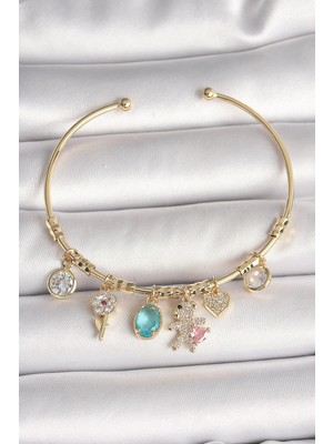 Prativas Pirinç Gold Renk Sallantı Zirkon Taşlı Ayıcık Figür Kalp Detay Charm Kadın Bileklik – PRT3500EB04594