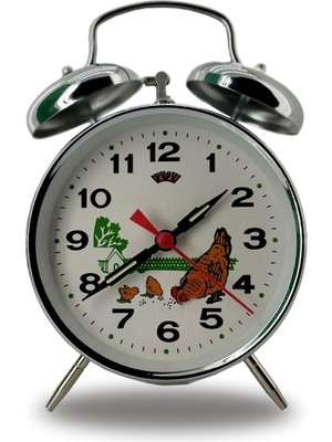 Hepta Collection Kurmalı Çift Çanlı Çalar Saat Tavuk ve Çiftlik Desenli Nostalji Masaüstü Saat 11X11X6 cm Ebatlarında