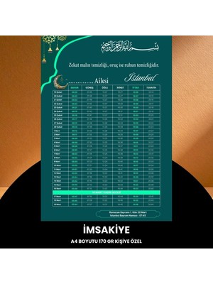 Norino Ramazan Imsakiyesi - 170 gr - A4 Boyut Kişiye Özel Isimli & Logolu 100 Adet Yeşil-Turkuaz