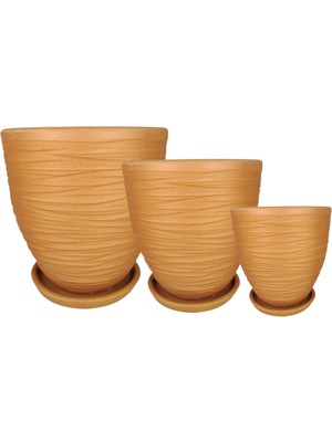 Çömlek Diyarı Toprak Saksı Naturel Çizimli 3 Lü Set